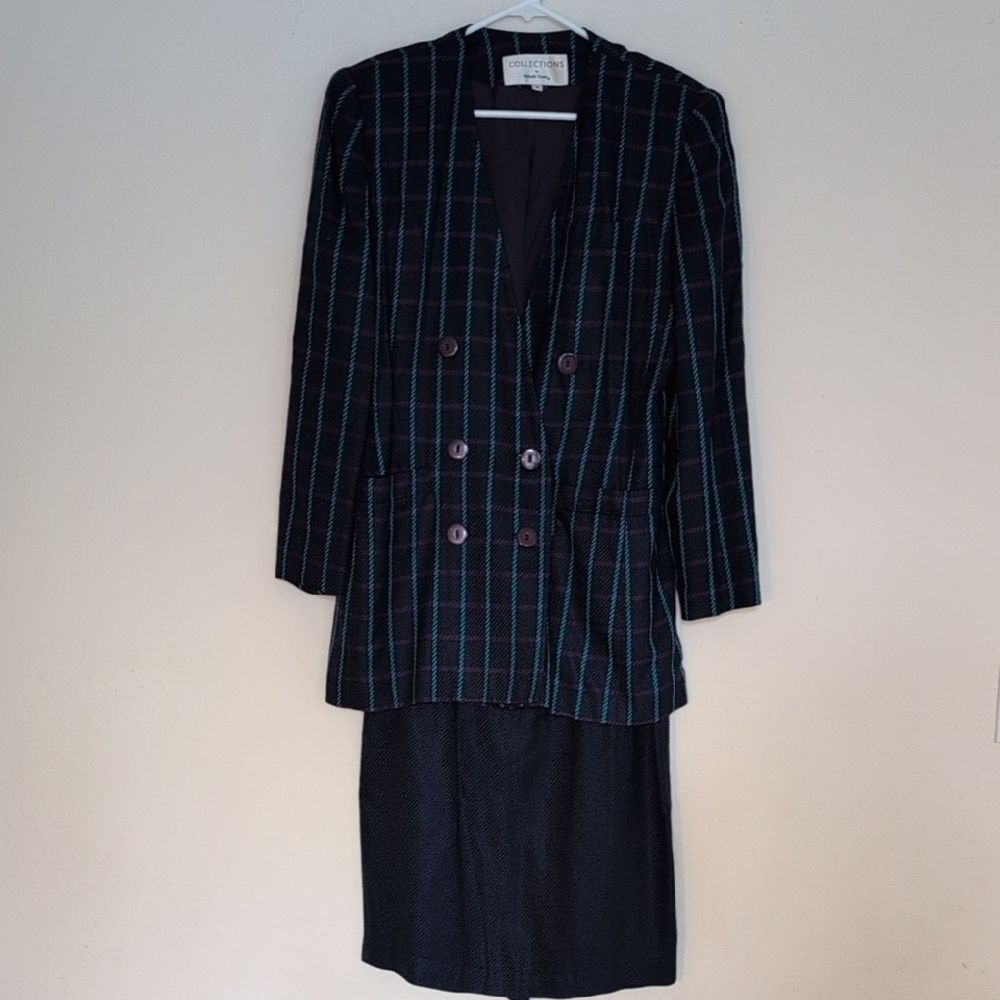 Vtg Collections By Michelle Stuart Plaid Blazer Skirt Set Navy Blue Purple - 4